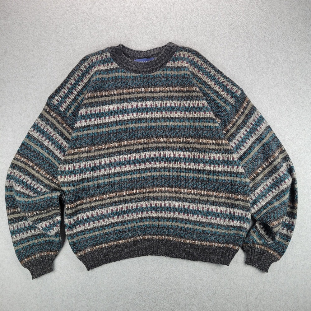 Honors Knit Sweater Mens XL Gray Multi Color Striped Vintage 90s Made in USA
